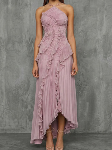 Women's lilac halter maxi dress with ruffles and asymmetric skirt, front view