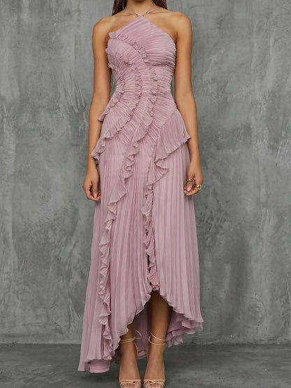 Women's lilac halter maxi dress with ruffles and asymmetric skirt, front view