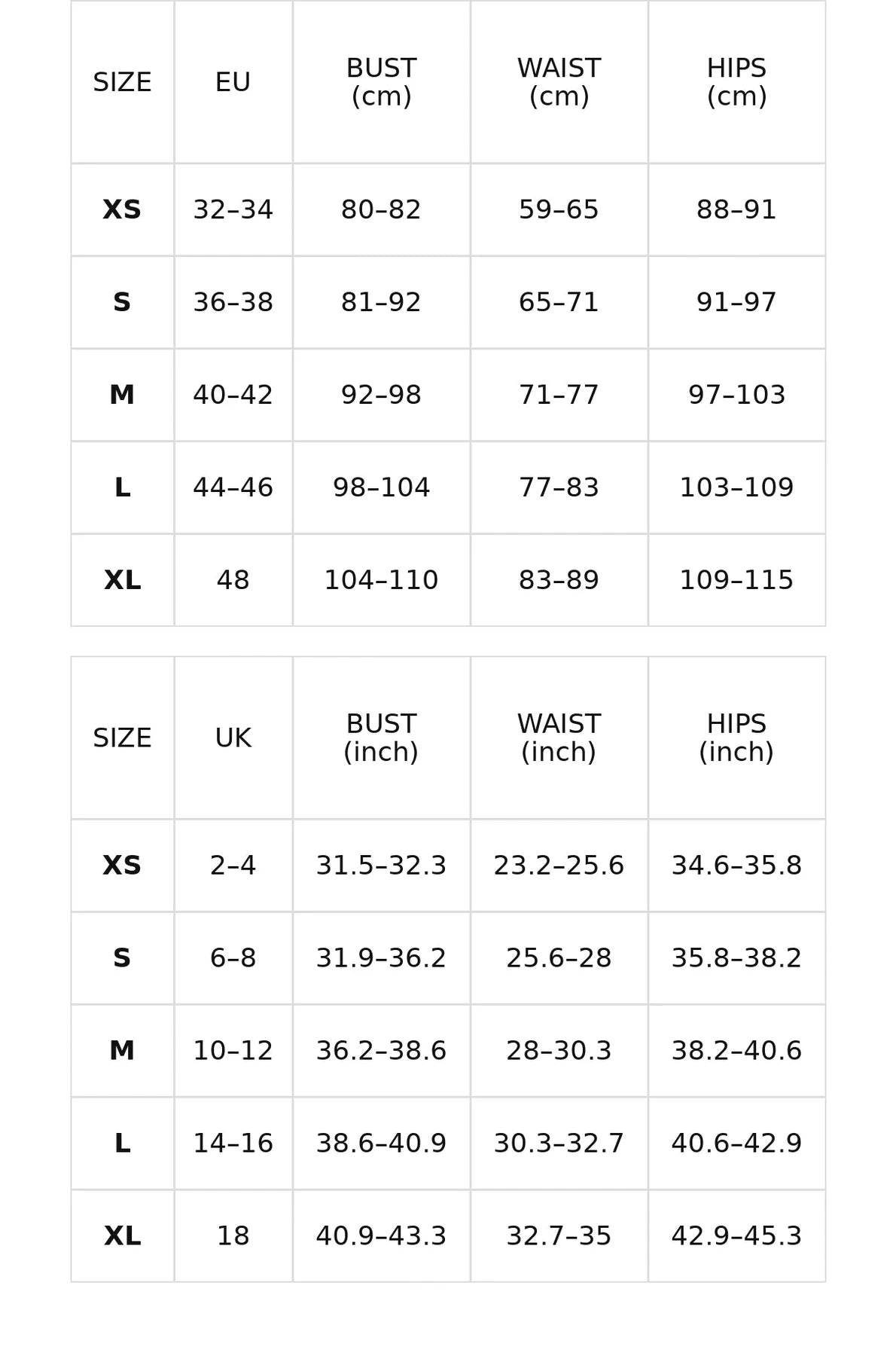 Size chart for the lilac halter maxi dress with ruffles and asymmetric skirt