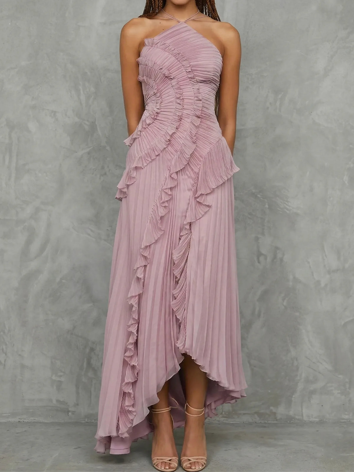Women's lilac halter maxi dress with ruffles and asymmetric skirt, three-quarter view