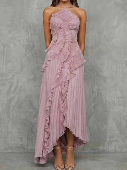 Women's lilac halter maxi dress with ruffles and asymmetric skirt, three-quarter view