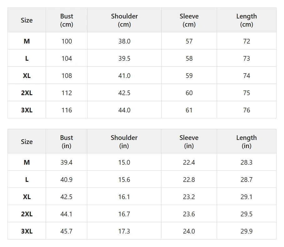 Size chart for long hooded teddy-style coat with pockets