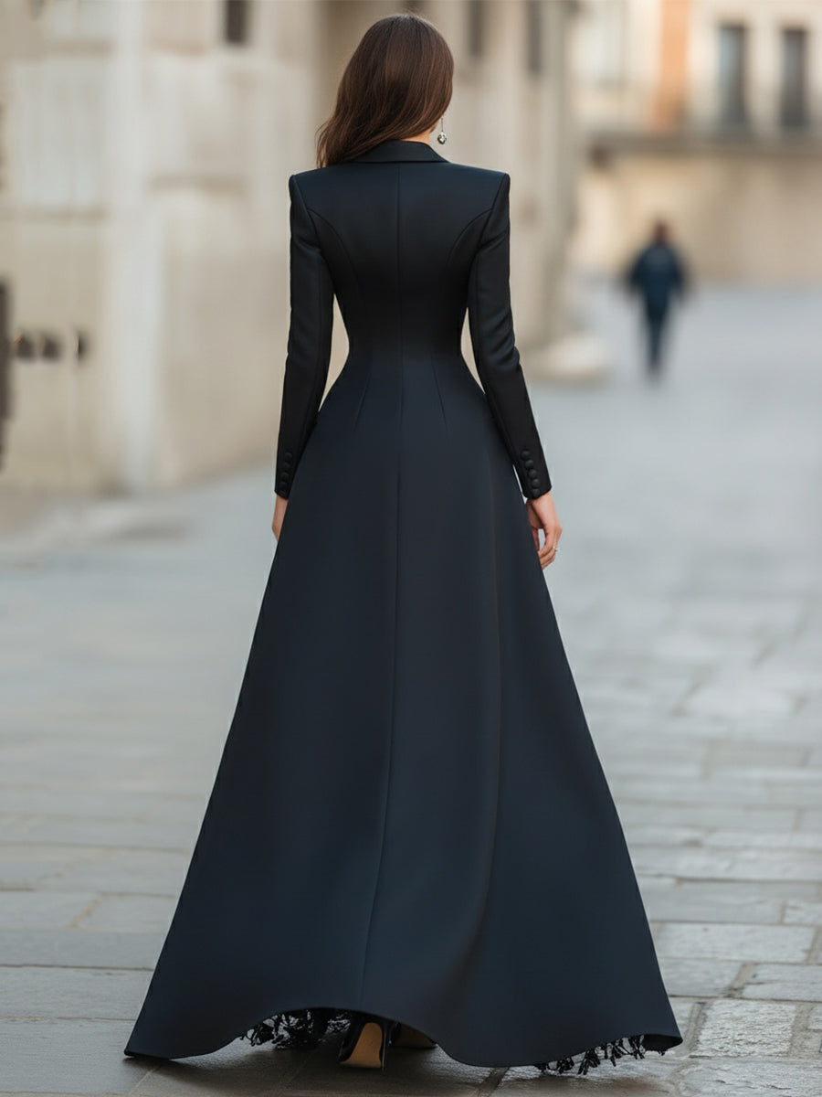Blazer-style maxi dress back panel with slit and lace