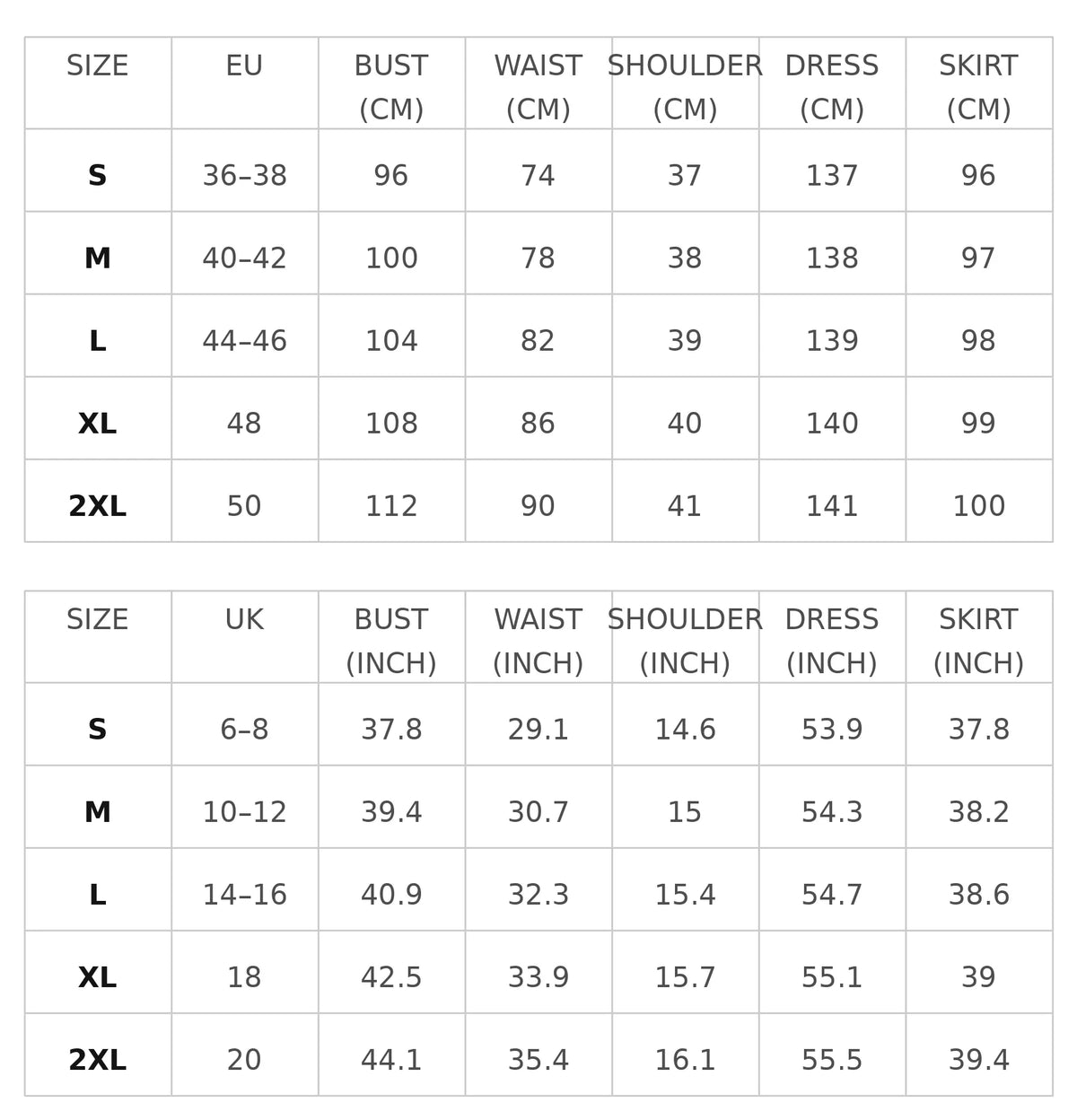 Size chart for the long sleeve blazer-style maxi dress with lace and slit