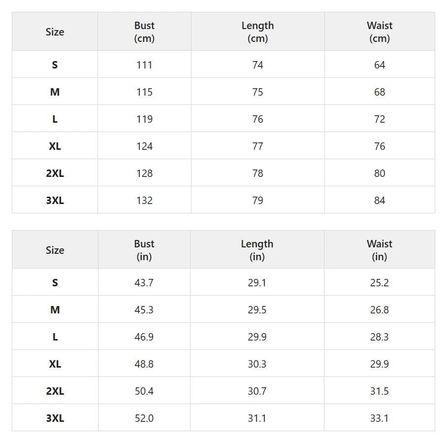 Size chart for long sleeve shirt and flowy shorts set