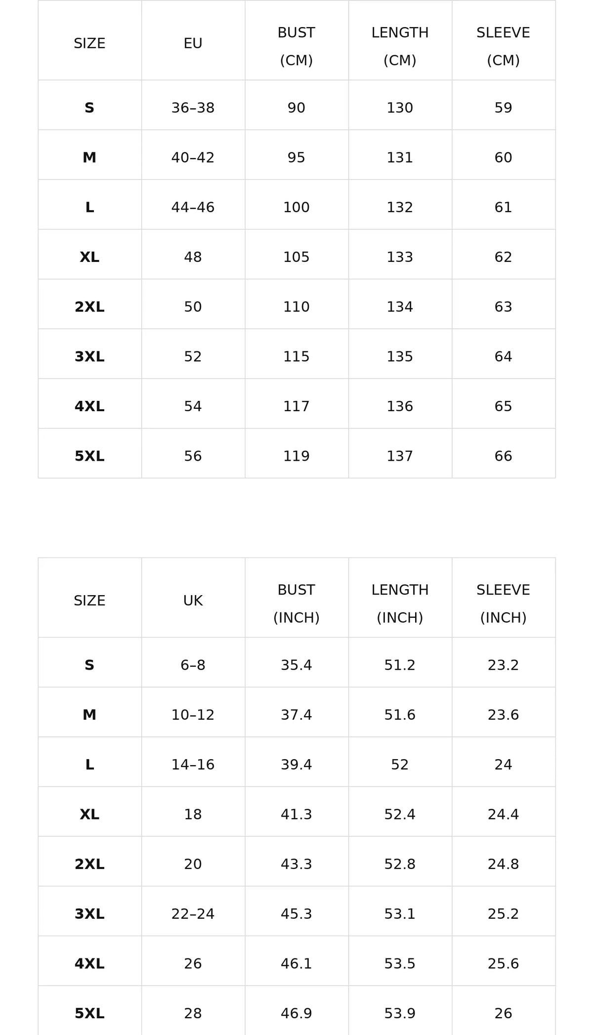 Size chart for the long sleeve shirt maxi dress with belt