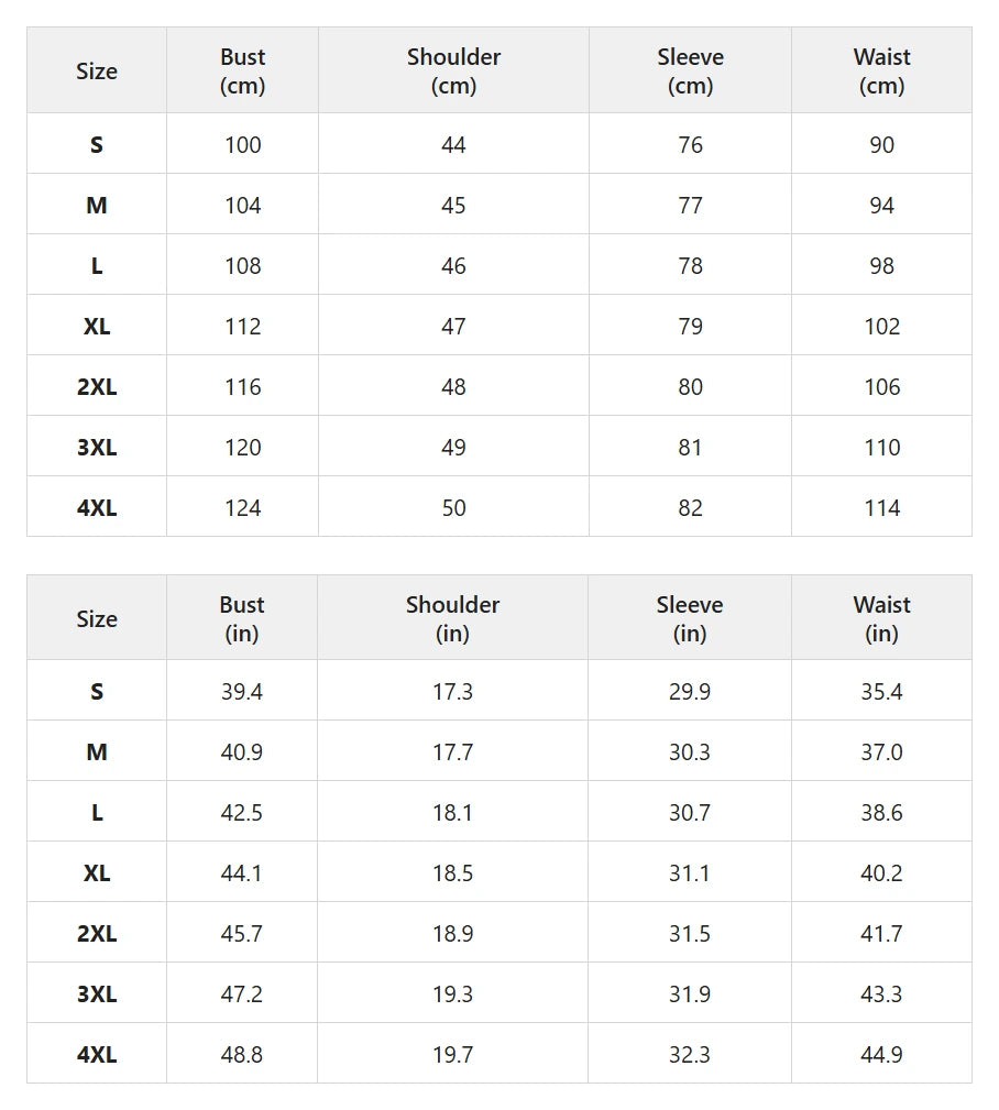Size chart for long waterproof hooded coat with warm lining
