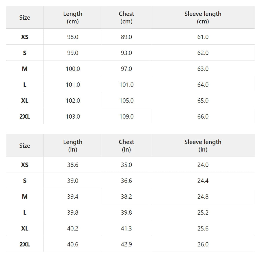 Size chart for the longline military-style coat with gold buttons