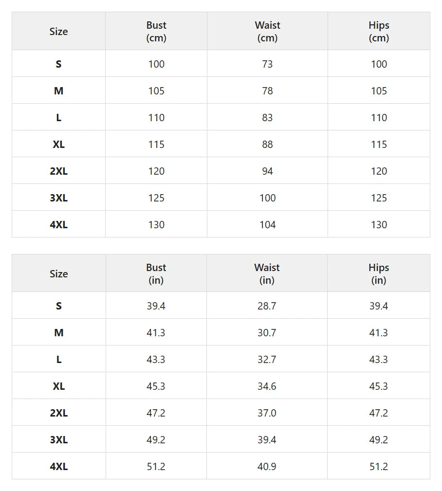 Size chart for loose top and wide-leg pants resort set