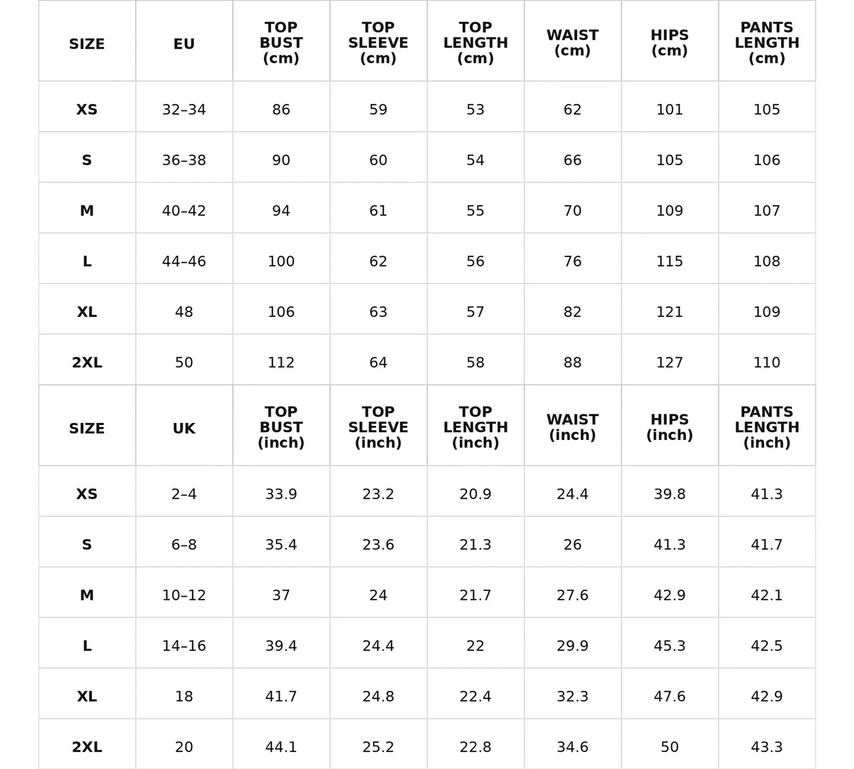 Size chart for mandarin collar zip jacket and wide-leg pants set