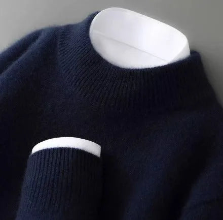 Women's mid-neck sweater with ribbed trim, blue, close-up of the neckline and cuff