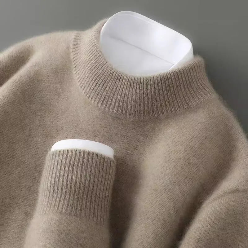 Women's mid-neck sweater with ribbed trim, brown, close-up of the neckline and cuff