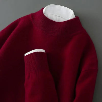 Women's mid-neck sweater with ribbed trim, burgundy, close-up of the neckline and cuff