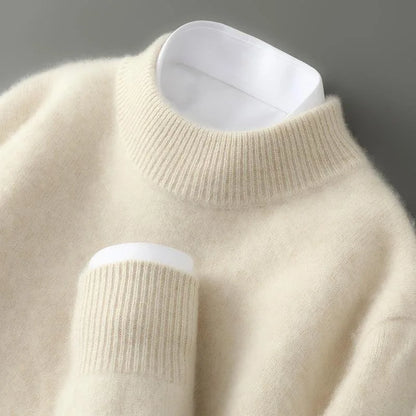 Women's mid-neck sweater with ribbed trim, cream, close-up of the neckline and cuff