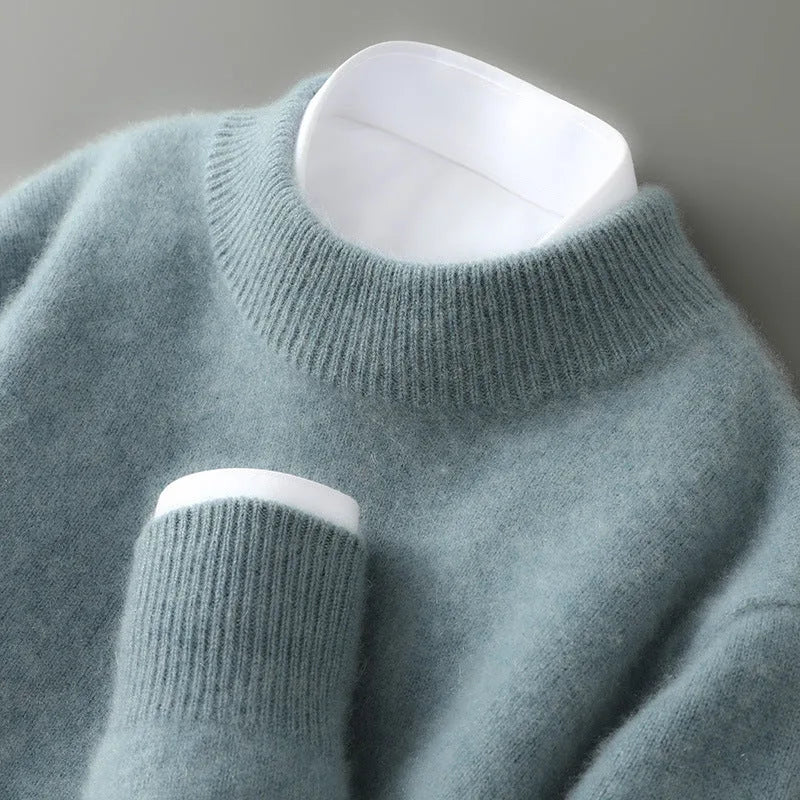 Women's mid-neck sweater with ribbed trim, green, close-up of the neckline and cuff