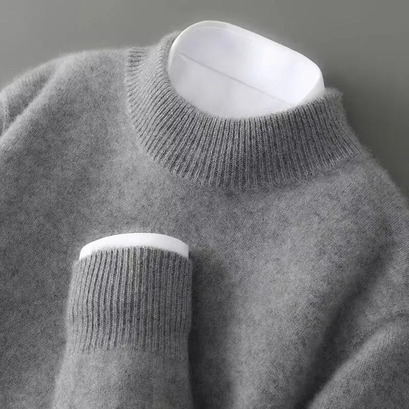 Women's mid-neck sweater with ribbed trim, grey, close-up of the neckline and cuff