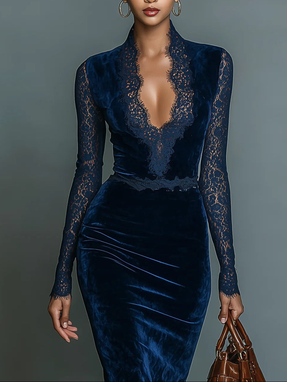 Midnight blue velvet dress, back view