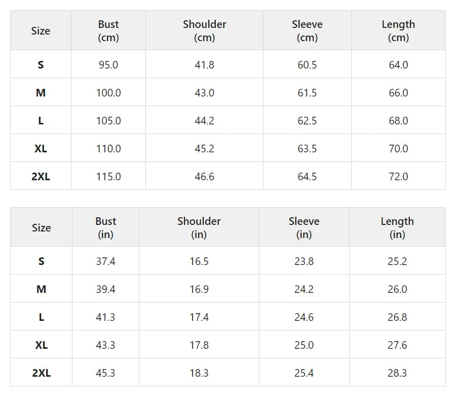 Size chart for the military-style double-breasted jacket