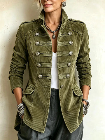 Women's olive military-style jacket with double row of metal buttons, front view