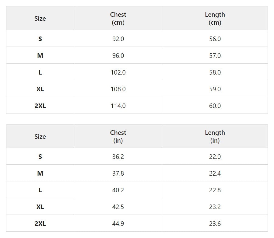 Size chart for the military-style jacket with gold buttons