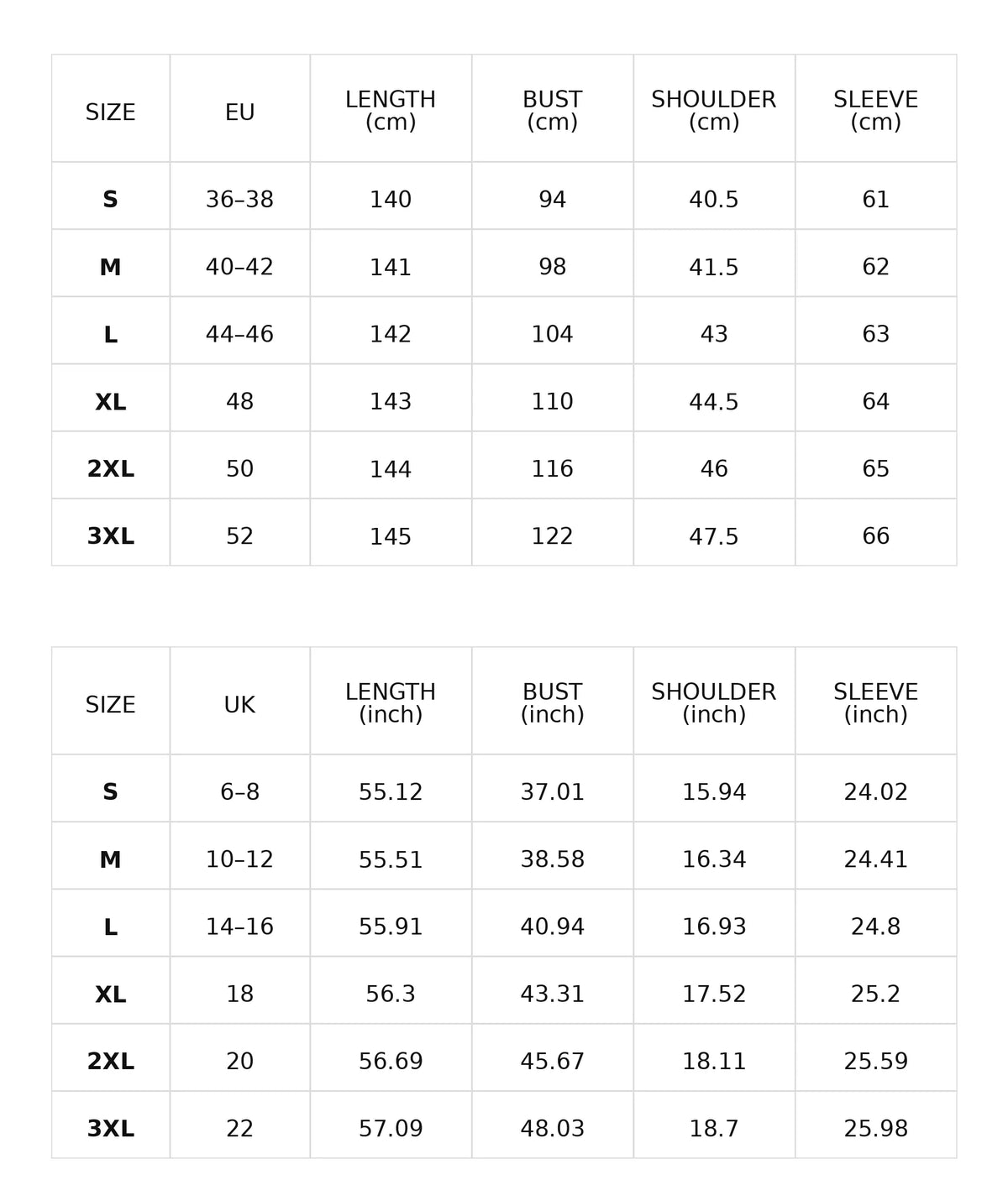 Size chart for the minimalist patchwork maxi dress with mao collar