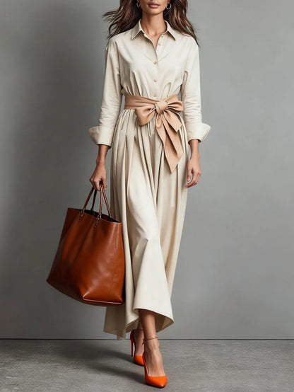 Women's minimalist shirt maxi dress with bow waist, beige, front view