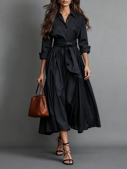 Women's minimalist shirt maxi dress with bow waist, black, front view