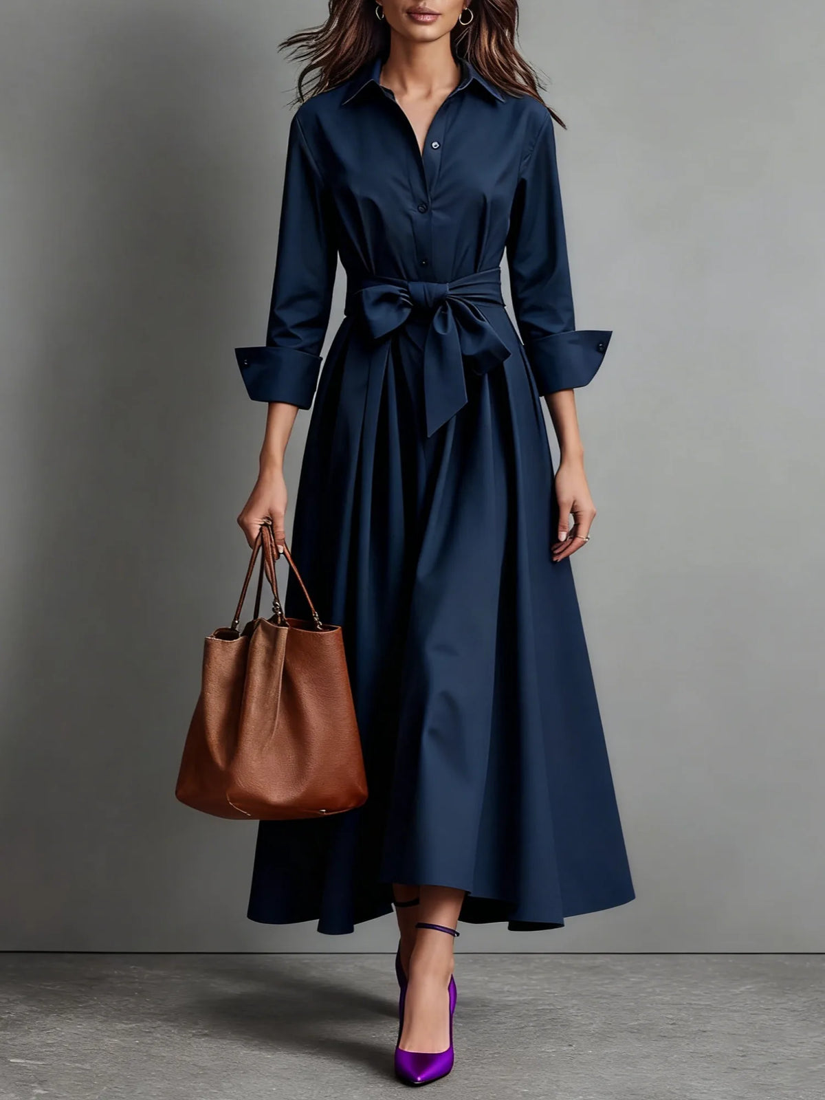 Women's minimalist shirt maxi dress with bow waist, blue, front view
