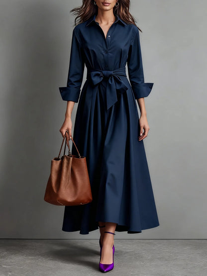 Women's minimalist shirt maxi dress with bow waist, blue, front view