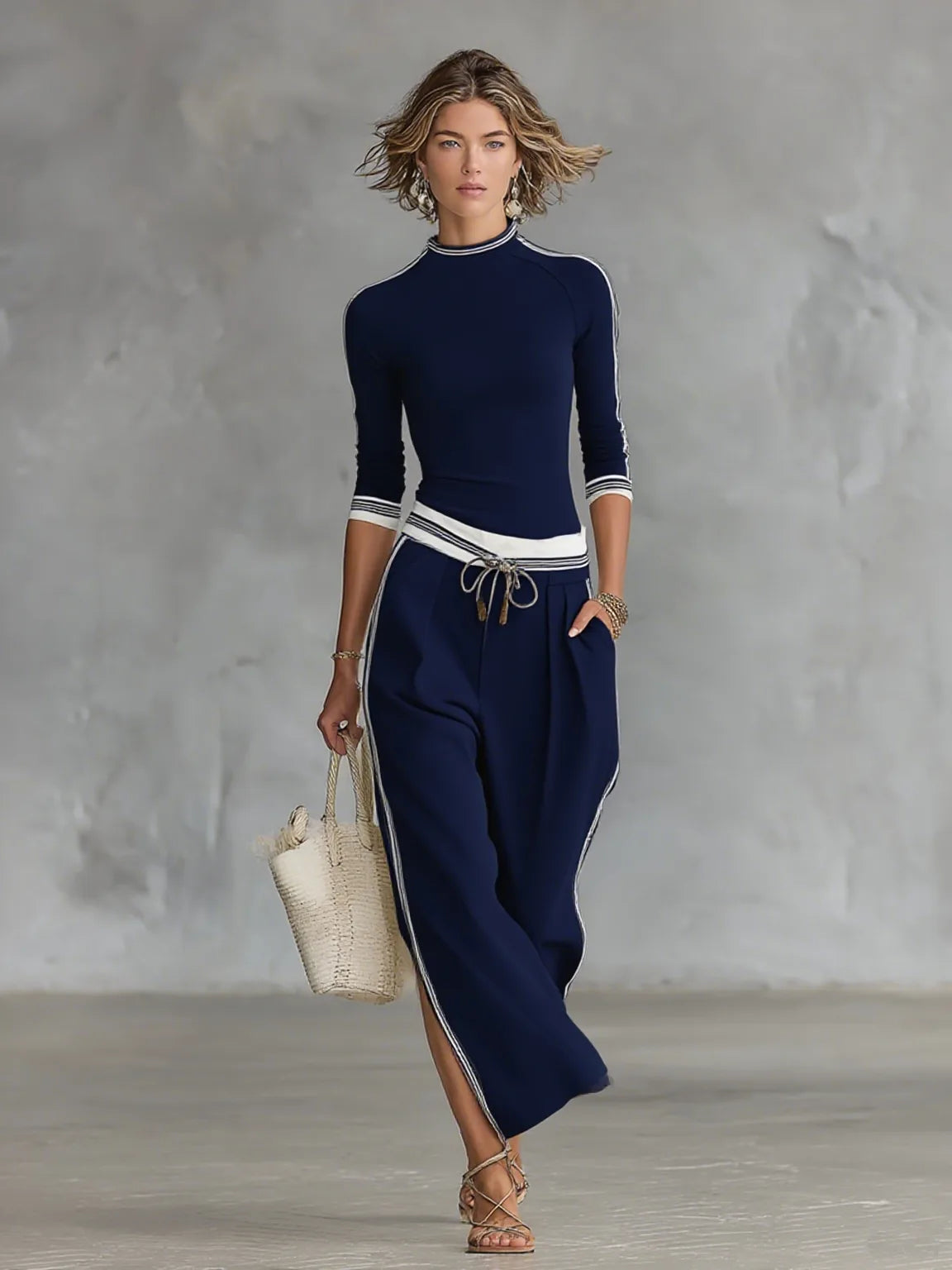 Women's mock-neck top and wide-leg drawstring pants set, navy, front view