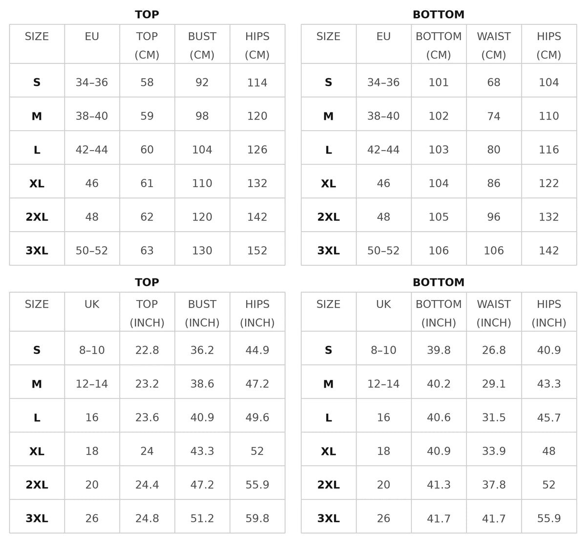 Size chart for the mock-neck top and wide-leg drawstring pants set