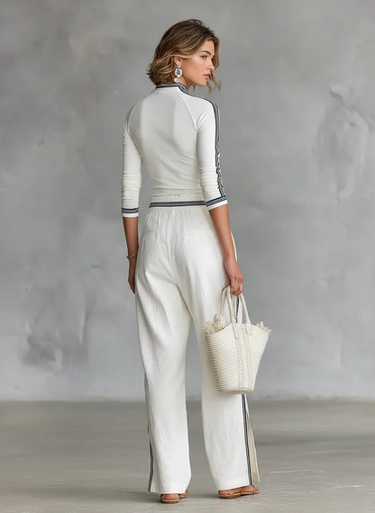Women's mock-neck top and wide-leg drawstring pants set, white, back view