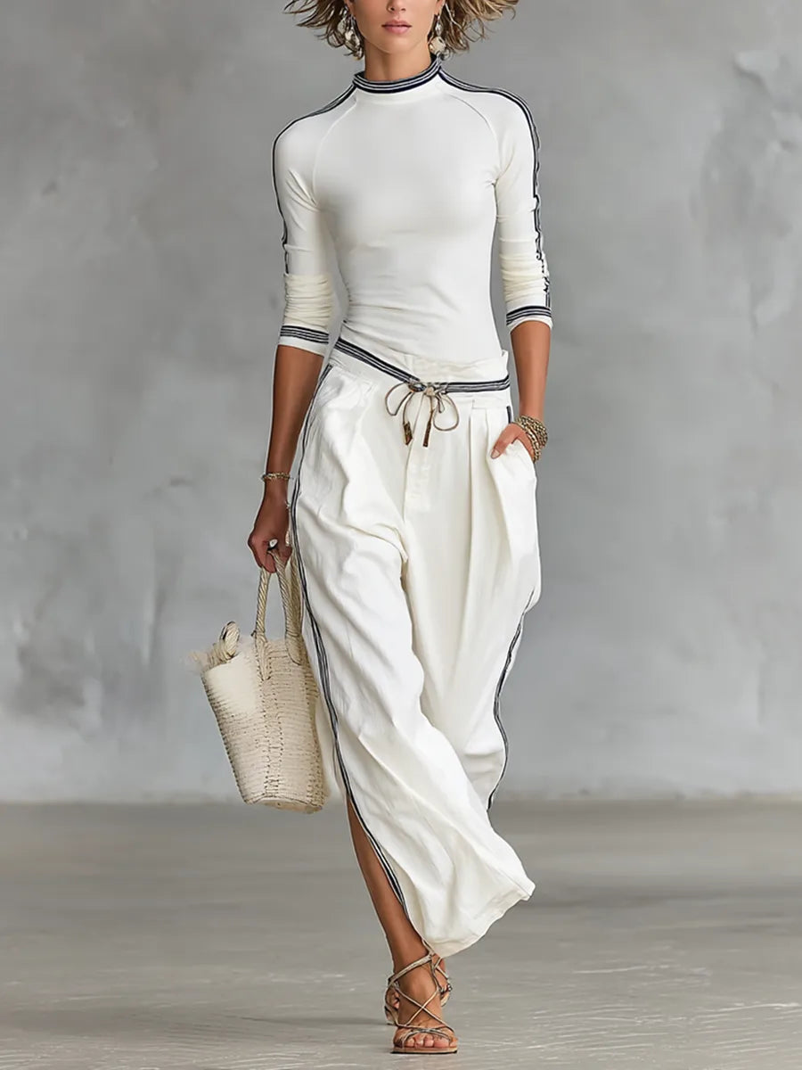 Women's mock-neck top and wide-leg drawstring pants set, white, front view