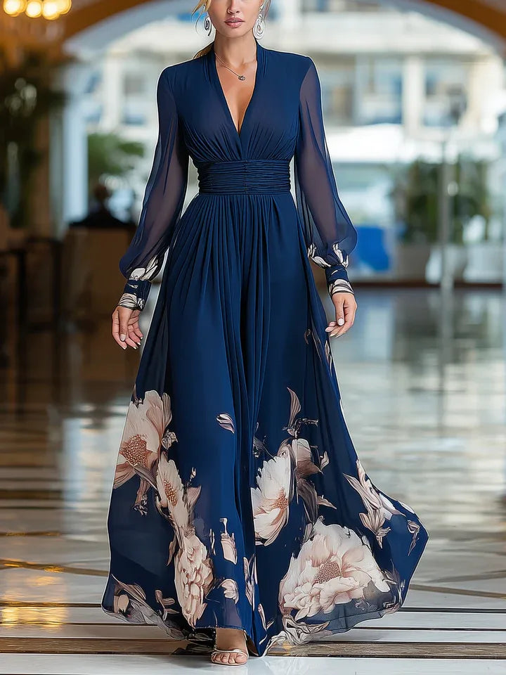 Women's navy floral V-neck maxi dress with sheer sleeves, front view
