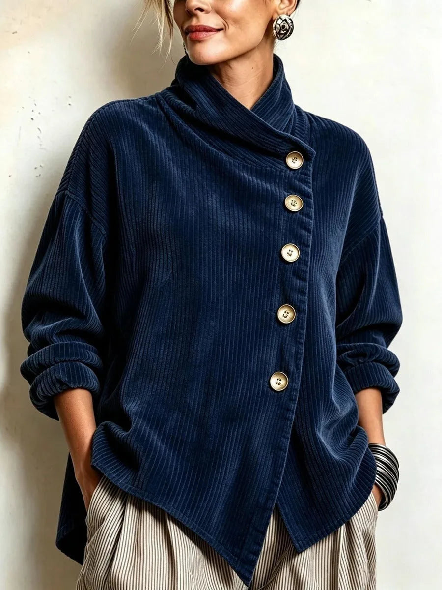 Women's navy high-collar jacket with diagonal buttons, front view