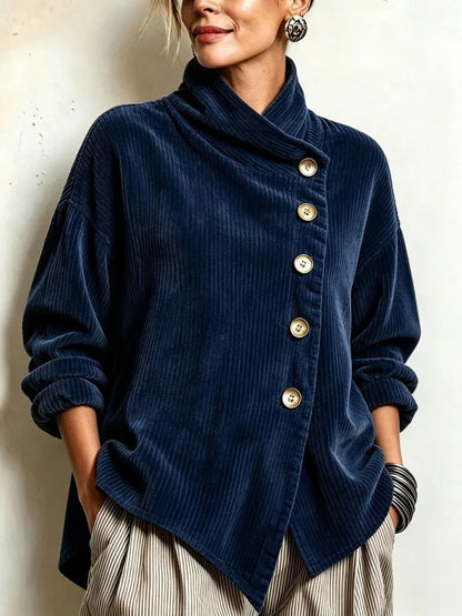 Women's navy high-collar jacket with diagonal buttons, front view