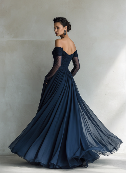 Navy off-shoulder organza maxi dress, back view