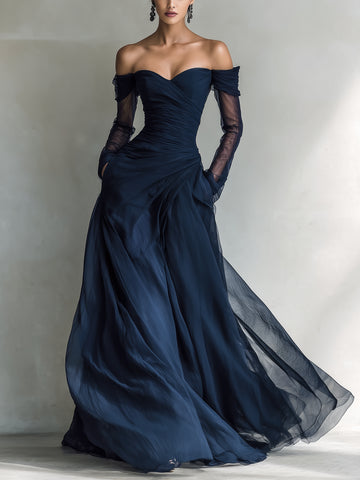Navy off-shoulder organza maxi dress, front view