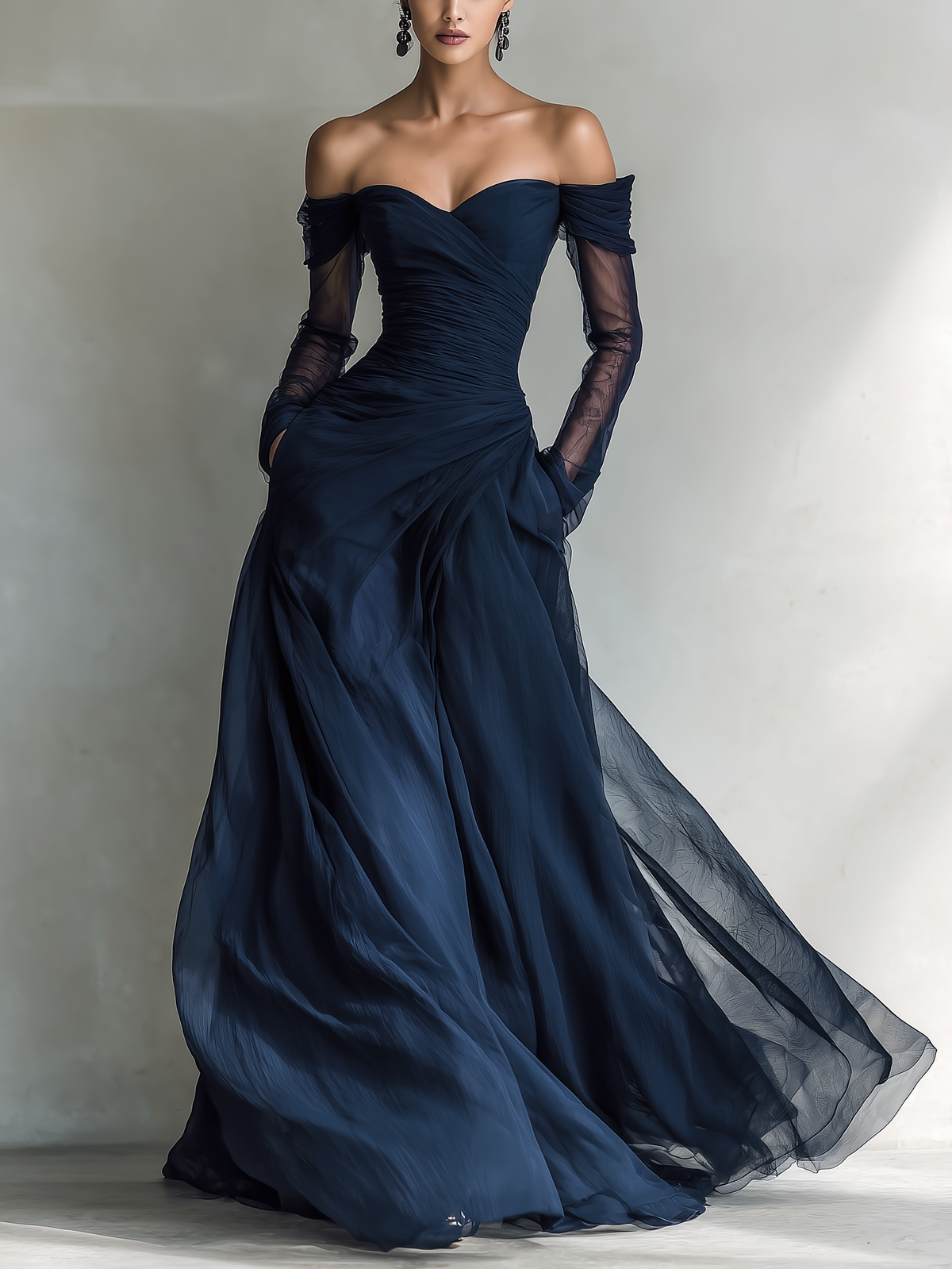Navy off-shoulder organza maxi dress, front view