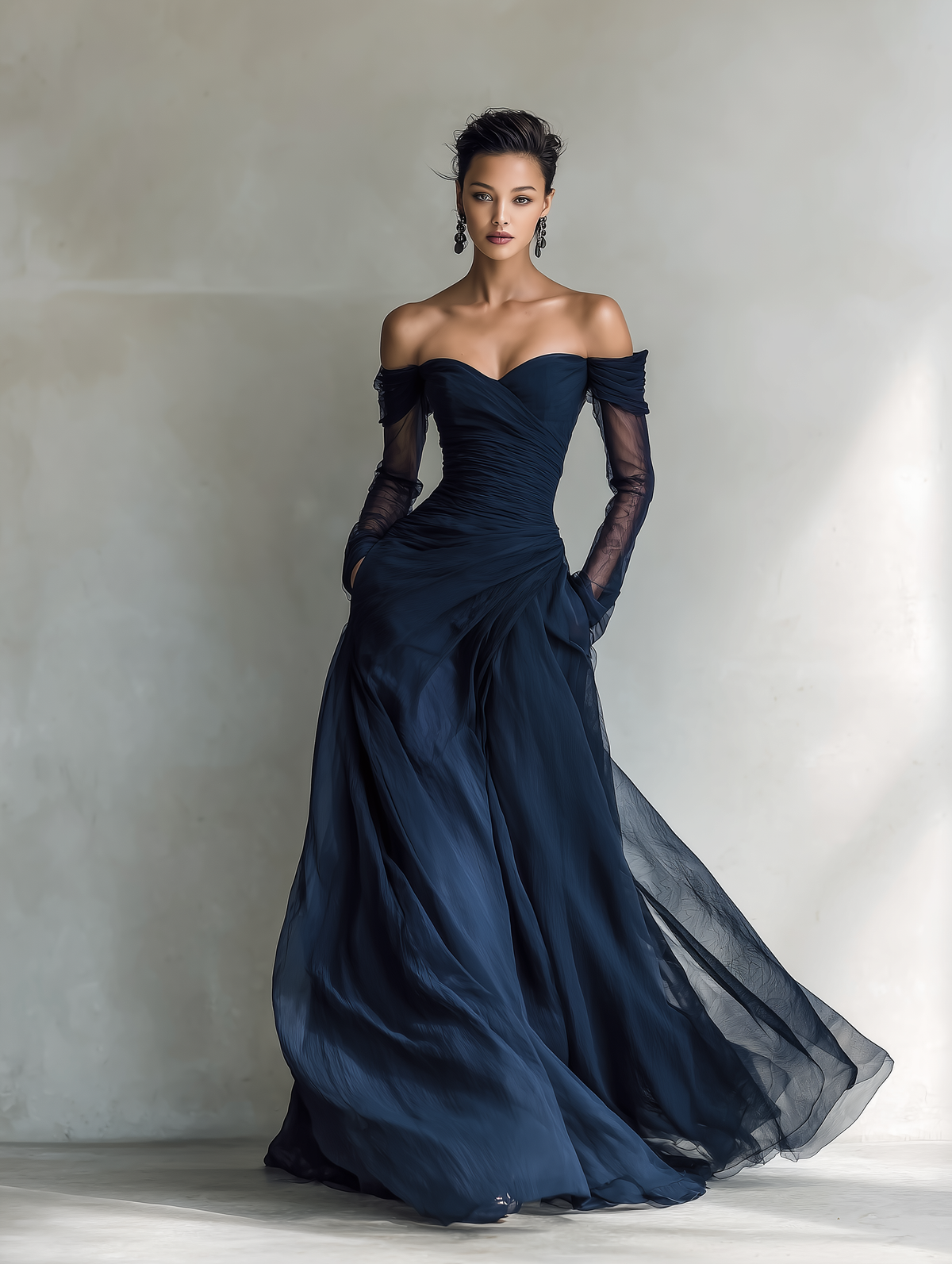 Navy off-shoulder chiffon maxi dress, full-length front view