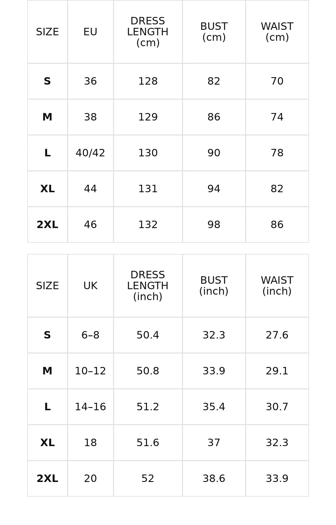 Size chart for the navy off-shoulder chiffon organza maxi dress