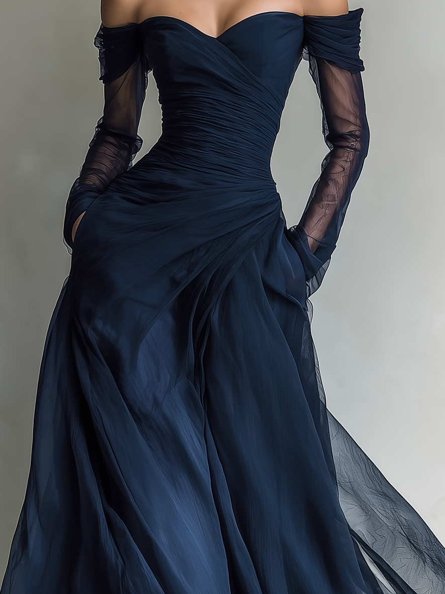 Navy organza maxi dress top and sleeves detail
