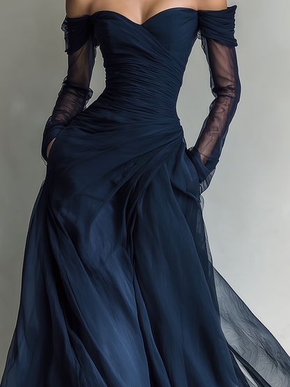 Navy organza maxi dress top and sleeves detail