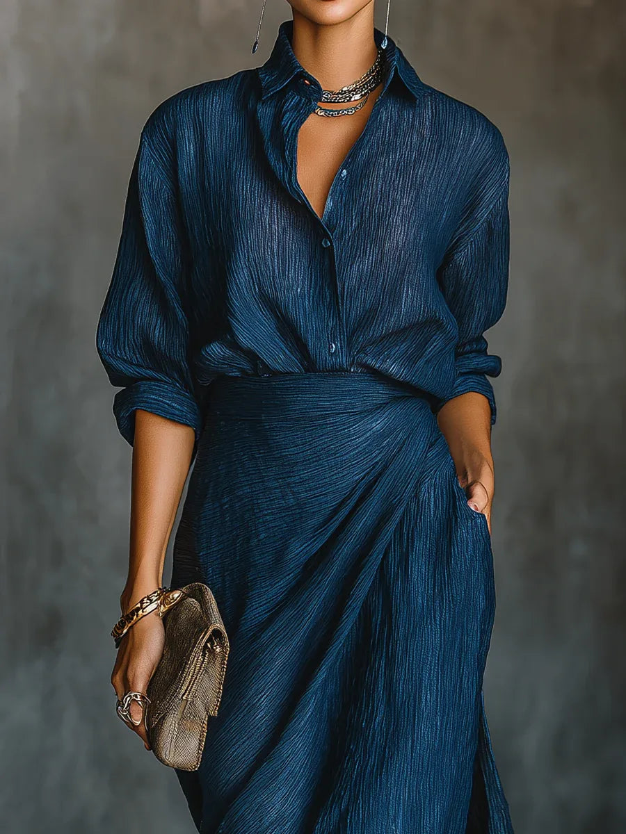 Women's navy shirt and long wrap skirt set, close-up of the shirt and skirt