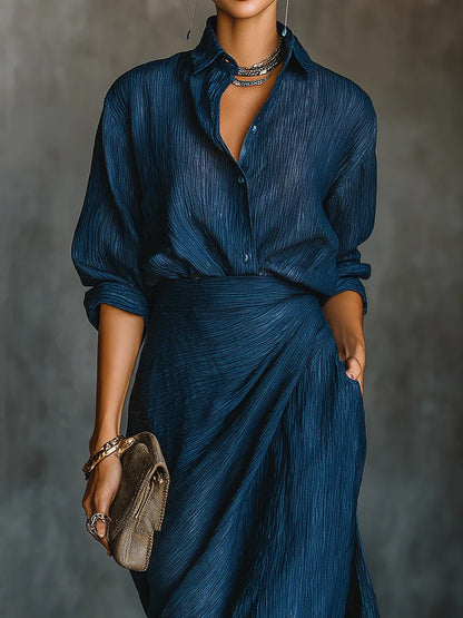 Women's navy shirt and long wrap skirt set, close-up of the shirt and skirt