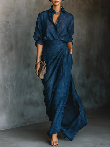 Women's navy shirt and long wrap skirt set, front view