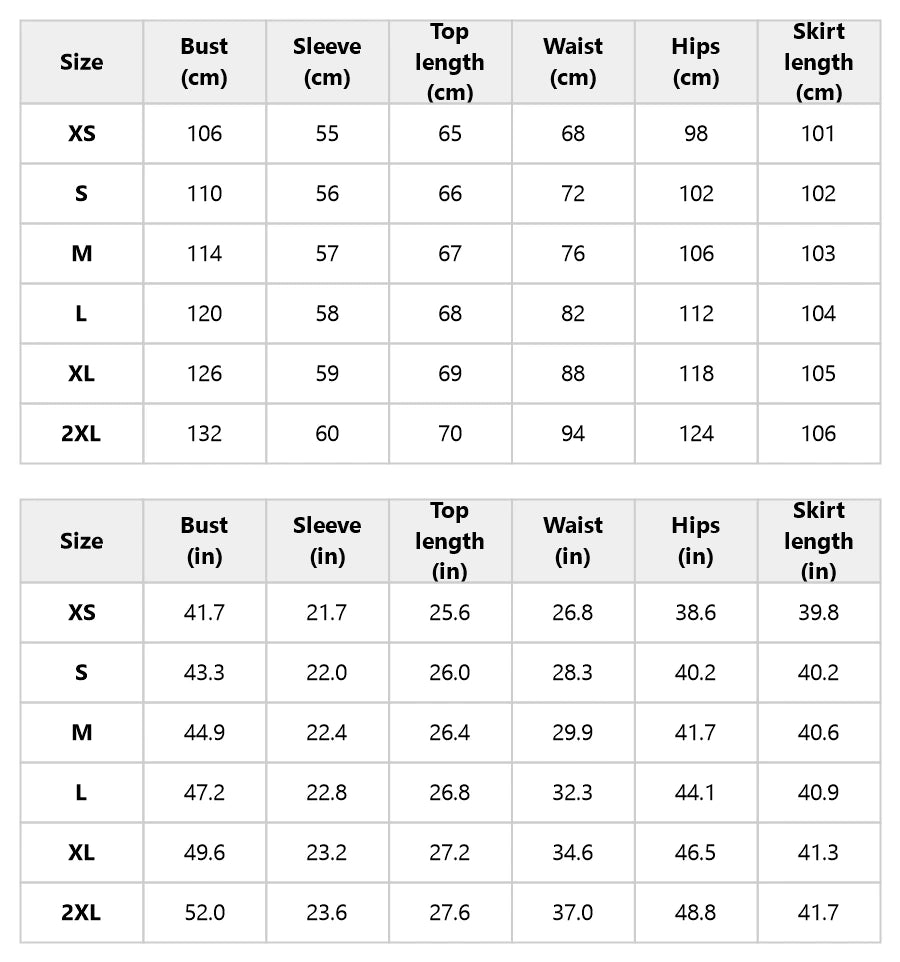 Size chart for the navy shirt and long wrap skirt set