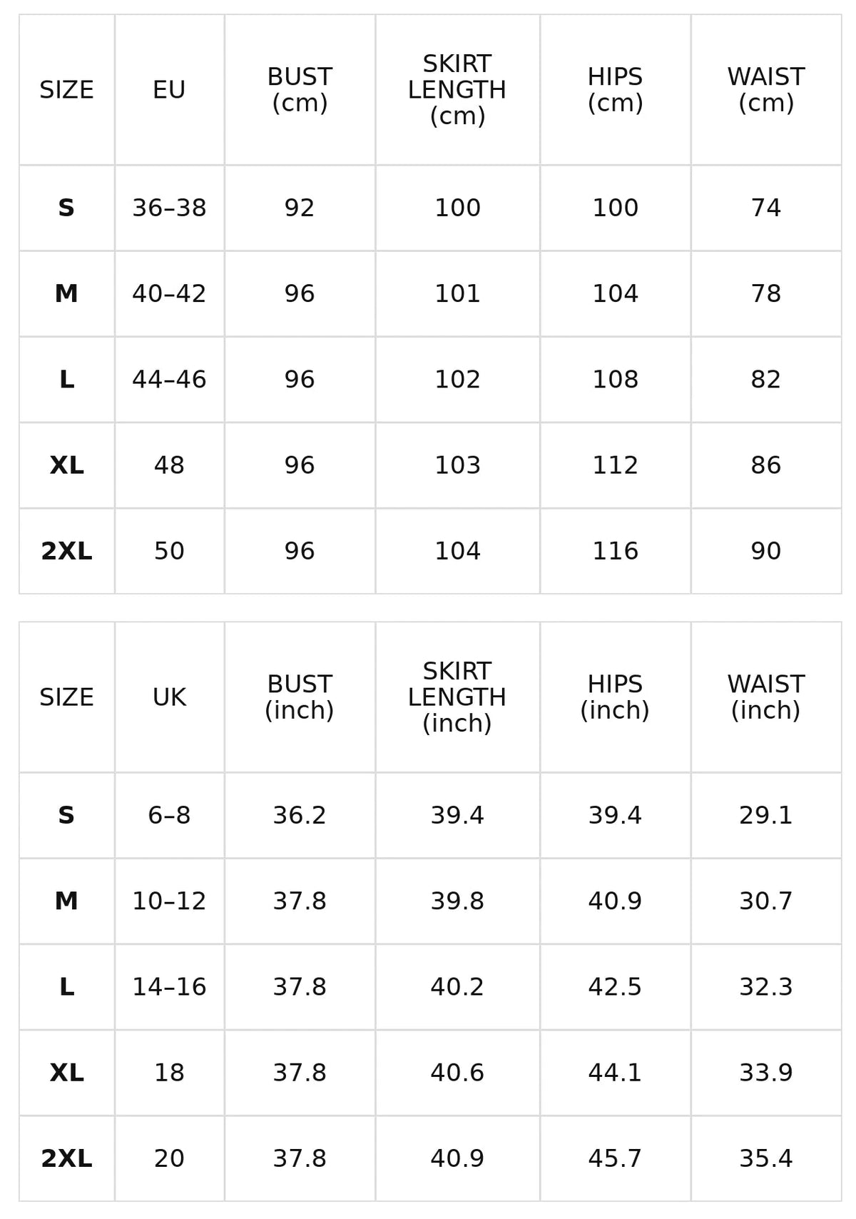 Size chart for off-shoulder floral midi dress
