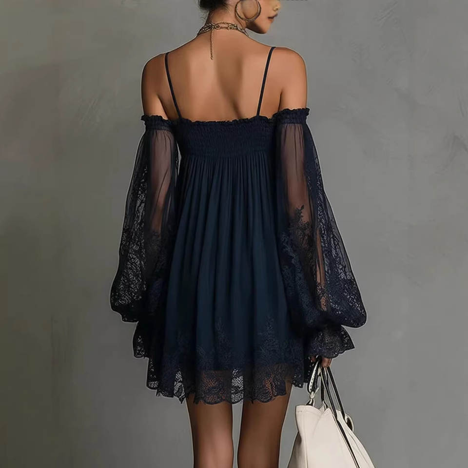 Off-shoulder lace mini dress, back view