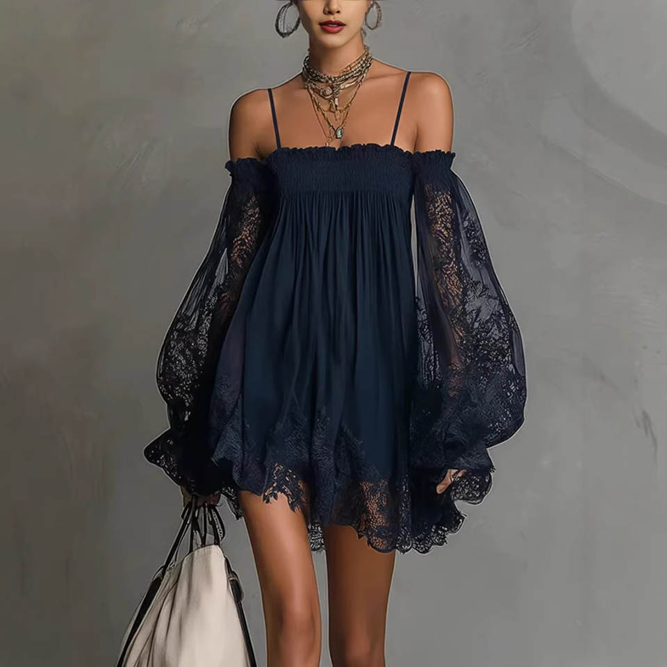 Blue off-shoulder lace mini dress with balloon sleeves
